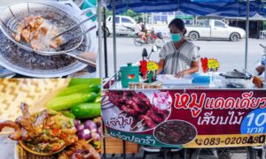 หมูทอดเเดดเดี่ยว หมูปลาร้า ตลาดสดบางม่วง ตะกั่วป่า พังงา