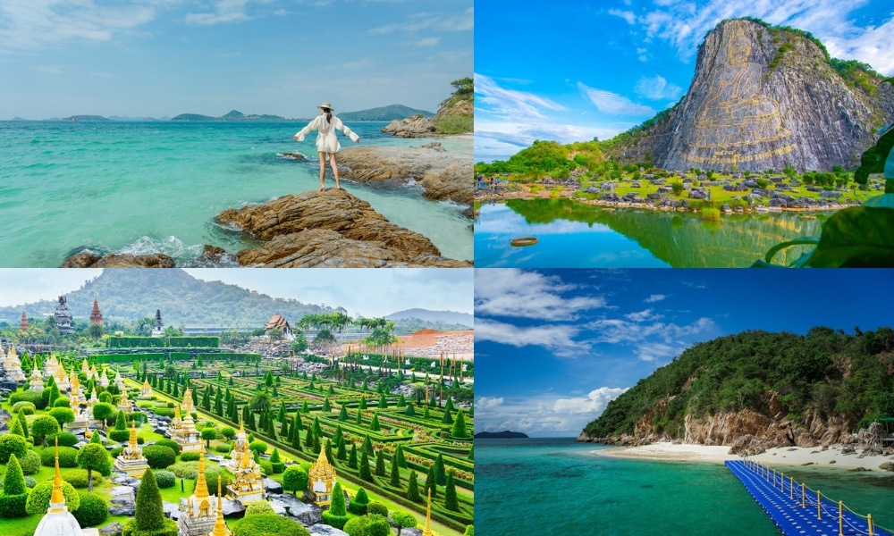 ภาพปะติดภาพต่างๆ ของชายหาดและแหล่งน้ำในบริเวณที่พักท่องเที่ยวราชบุรี