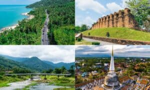 Collage ที่เที่ยวนครศรีธรรมราช จัดแสดงภูมิประเทศเขตร้อนและสถาปัตยกรรมประวัติศาสตร์ในเอเชียตะวันออกเฉียงใต้