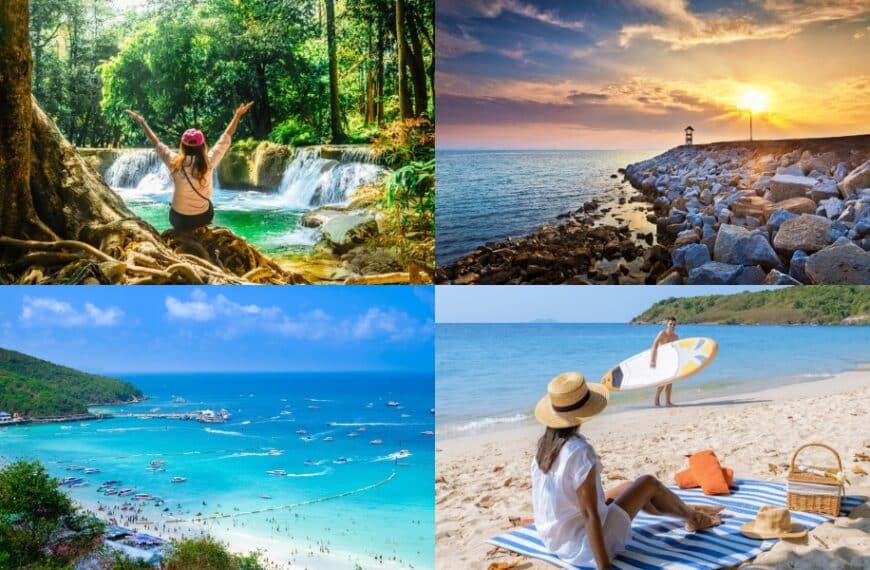 ภาพตัดต่อสี่ฉากการเดินทาง: ผู้หญิงที่น้ำตกใกล้กรุงเทพฯ, ชายฝั่งหินในยามพระอาทิตย์ตก, ชายหาดที่แออัดพร้อมเรือ, และผู้หญิงที่ผ่อนคลายบนชายหาดทรายพร้อมกระดานโต้คลื่น—เหมาะสำหรับคนที่ชอบเที่ยวใกล้กรุงเทพฯ.