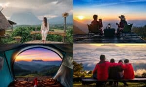 ภาพตัดปะของทิวทัศน์ภูเขาสี่แห่งในเชียงดาว: ผู้หญิงบนระเบียง, คู่รักรับประทานอาหารยามพระอาทิตย์ตก, พระอาทิตย์ขึ้นจากเต็นท์, และกลุ่มสี่คนเหนือเมฆ—แรงบันดาลใจที่สมบูรณ์แบบสำหรับการผจญภัย เชียงดาวที่เที่ยว ครั้งต่อไปของคุณ.