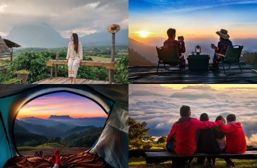 ภาพตัดปะของทิวทัศน์ภูเขาสี่แห่งในเชียงดาว: ผู้หญิงบนระเบียง, คู่รักรับประทานอาหารยามพระอาทิตย์ตก, พระอาทิตย์ขึ้นจากเต็นท์, และกลุ่มสี่คนเหนือเมฆ—แรงบันดาลใจที่สมบูรณ์แบบสำหรับการผจญภัย เชียงดาวที่เที่ยว ครั้งต่อไปของคุณ.