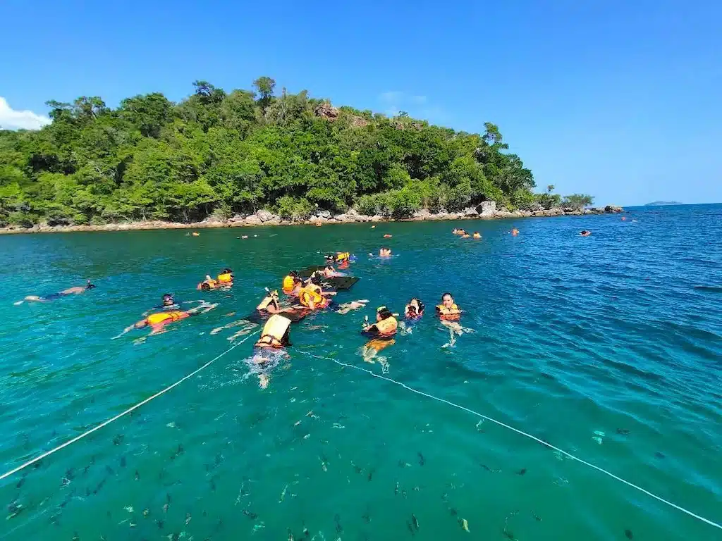 กลุ่มคนที่กำลังว่ายน้ำในมหาสมุทรใกล้เกาะที่มีที่พักราคาย่อมเยาอยู่ใกล้ๆ ระยองรีสอร์ท