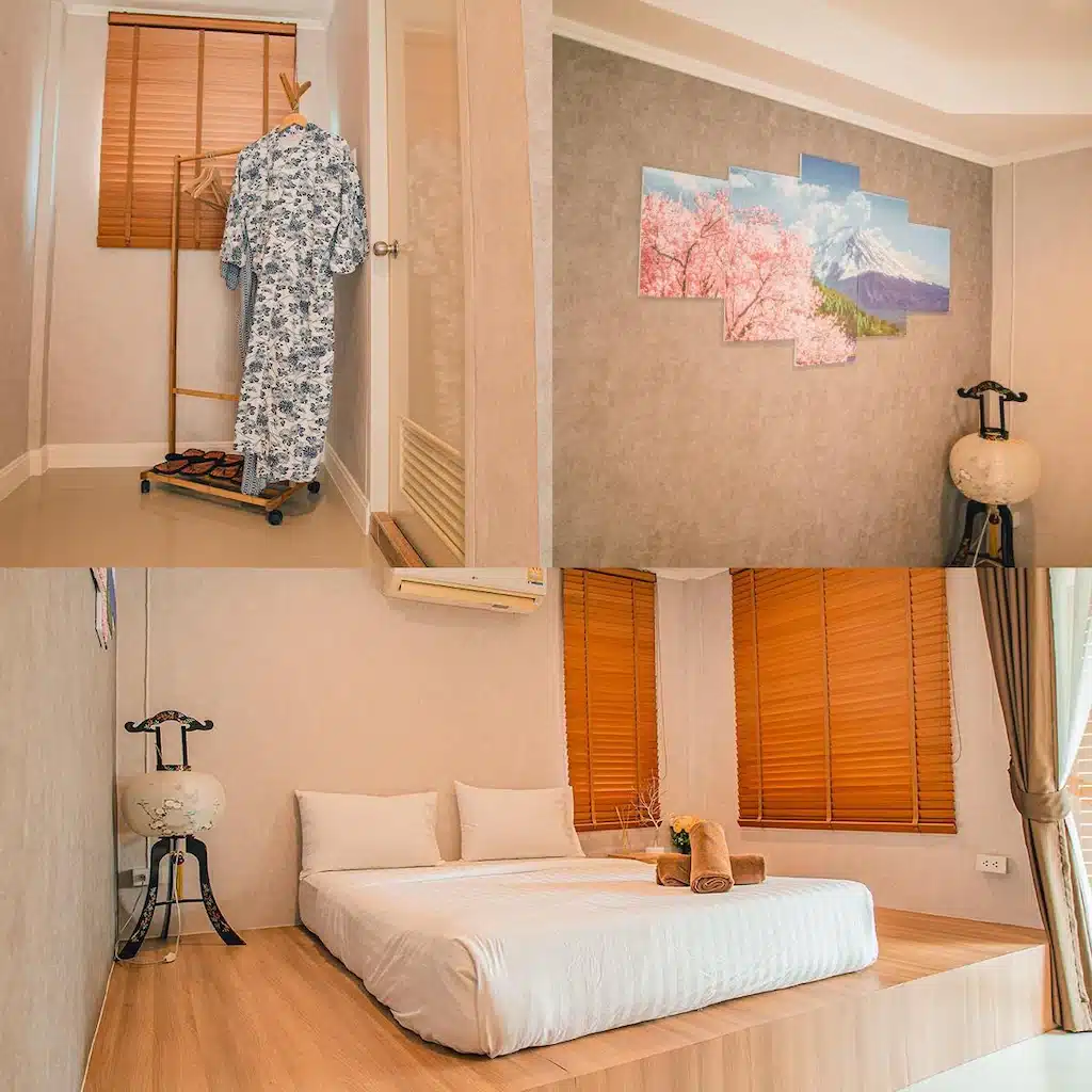 สี่ภาพห้องนอนพร้อมเตียงและโต๊ะข้างเตียงในหาดวนนภาหรือโรงแรมห หาดตาแหวนที่พัก 