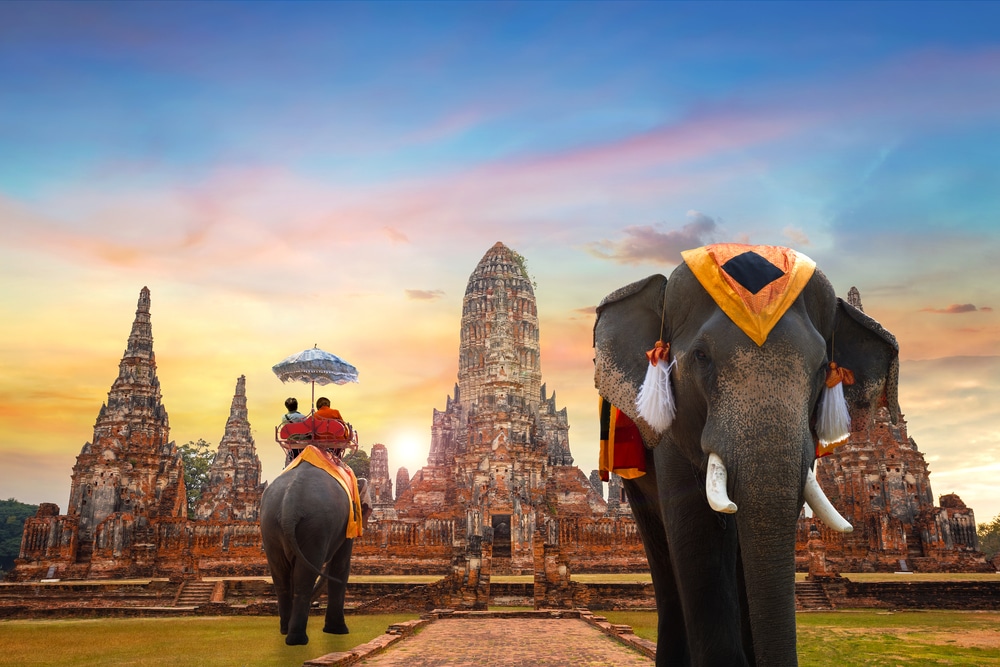 ช้างสองตัวหน้าวัดในประเทศไทย . วัดไชยวัฒนาราม