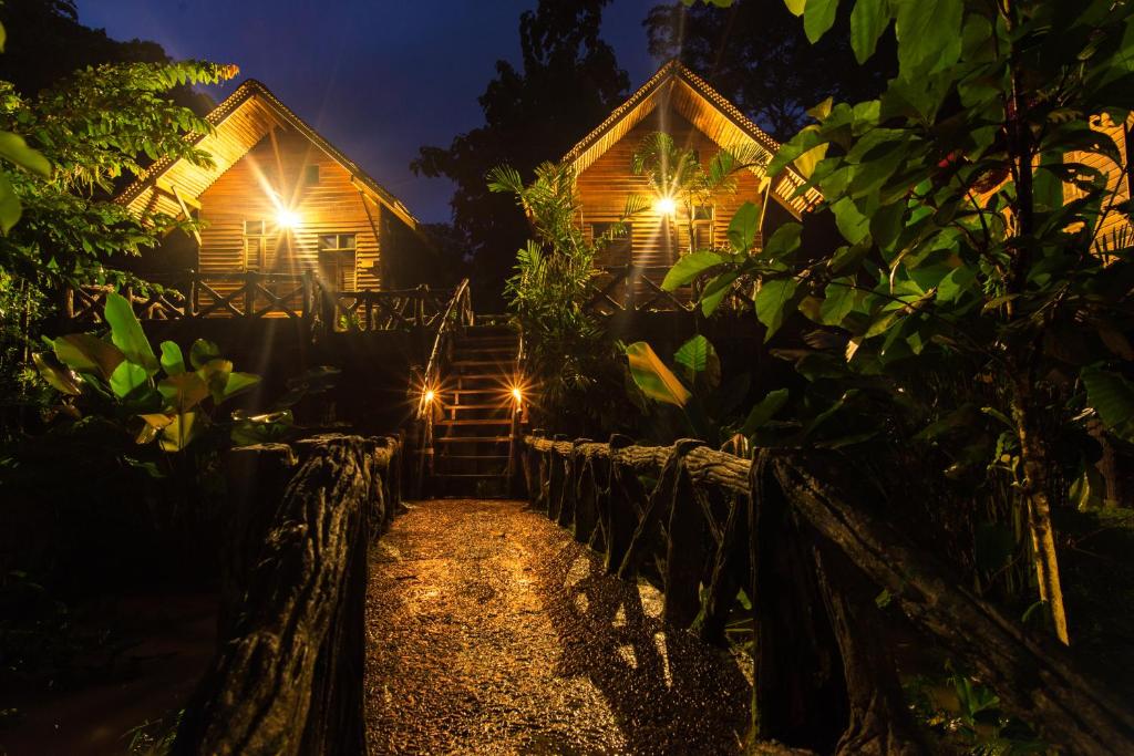 กระท่อมไม้สองหลังสว่างไสวในเวลากลางคืนในป่าในสุราษฎร์ธานี โรงแรมสุราษฎร์ธานี