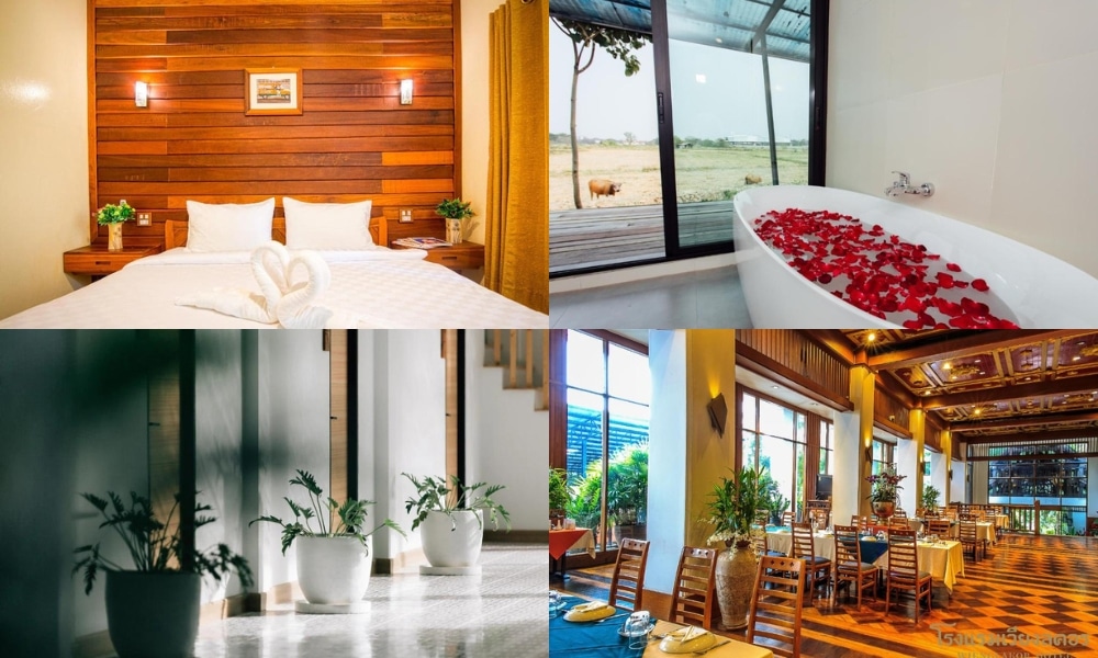 สี่รูปห้องพร้อมอ่างอาบน้ำและดอกไม้ที่โรงแรมบางเสร่ในชลบุรีเที่ยว