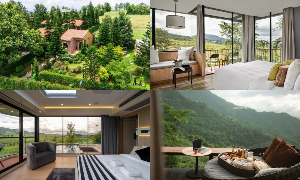 ภาพตัดต่อของที่พักทิวทัศน์สวยงามในเพชรบูรณ์, ประกอบด้วยสวนสวย, ห้องนอนทันสมัยพร้อมหน้าต่างขนาดใหญ่, และมื้ออาหารกลางแจ้งพร้อมวิวภูเขา.