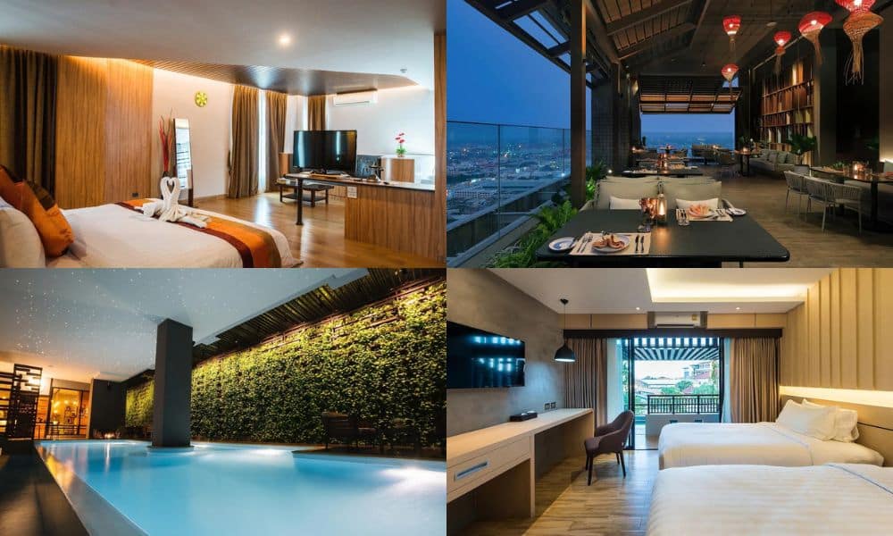 ภาพคอลลาจของสี่ฉากภายในโรงแรม: ห้องนอนสไตล์โมเดิร์น, ร้านอาหารบนดาดฟ้าในช่วงพลบค่ำ, สระว่ายน้ำในร่มที่มีผนังสีเขียว, และห้องนอนคู่สไตล์ร่วมสมัยอีกห้องที่มีระเบียง — แสดงให้เห็นสิ่งอำนวยความสะดวกที่มีสไตล์ที่คุณสามารถคาดหวังได้ที่ โรงแรมขอนแก่น.