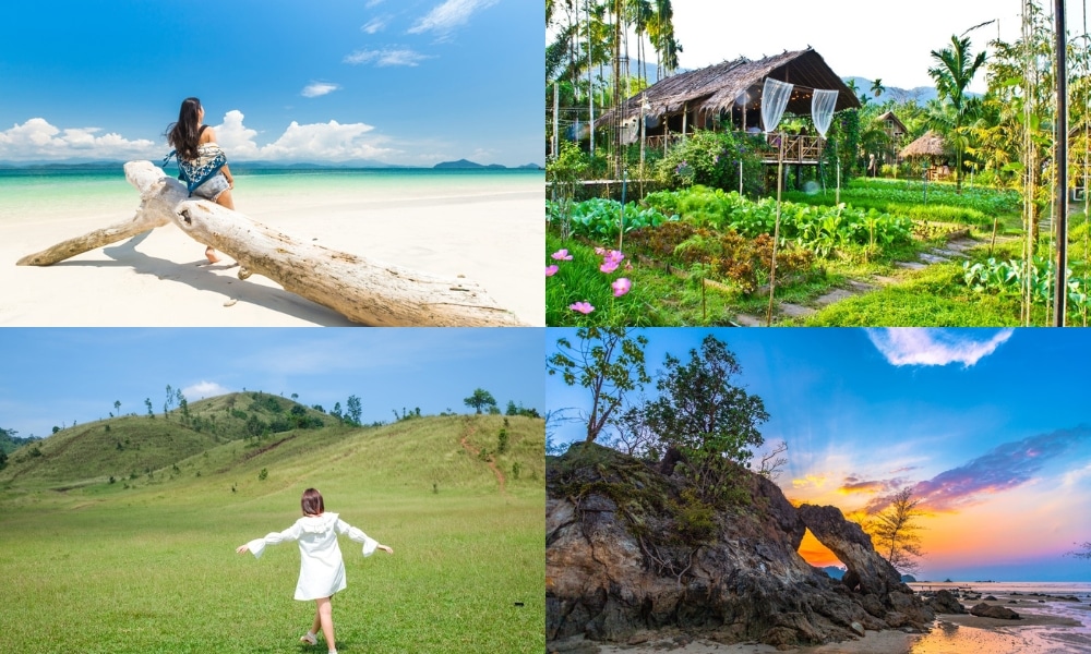 พบกับทัศนียภาพอันสวยงาม 4 แบบ ได้แก่ หญิงสาวบนไม้ที่พัดมาเกยตื้นบนชายหาดในเขตร้อน กระท่อมชนบทที่ซ่อนตัวอยู่ในสวนอันเขียวชอุ่ม คนๆ หนึ่งอยู่บนเนินหญ้า และซุ้มหินที่สวยงามตระการตาบนชายหาดยามพระอาทิตย์ตกดิน ซึ่งล้วนเป็นจุดที่เหมาะแก่การสำรวจในขณะที่คุณ เที่ยวระนอง.