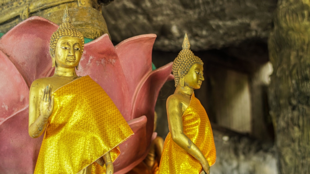 พระพุทธรูปสององค์หน้าดอกไม้สีชมพูในหัวหินสถานที่ท่องเที่ยวยอดนิยมของประเทศไทย เที่ยวหัวหิน