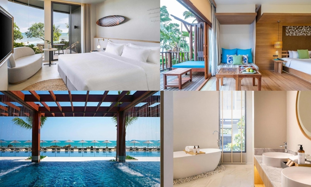 สี่ภาพที่แตกต่างกันของห้องพักในโรงแรมพูลวิลล่าพร้อมวิวทะเล