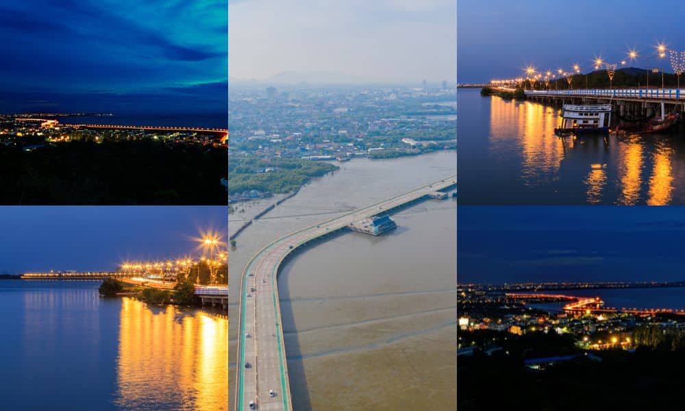 สี่ภาพเขื่อนชลมาควิถีเหนือแม่น้ำยามค่ำคืน