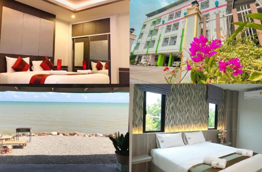 สี่ภาพโรงแรมในปัตตานีพร้อมเตียงและดอกไม้