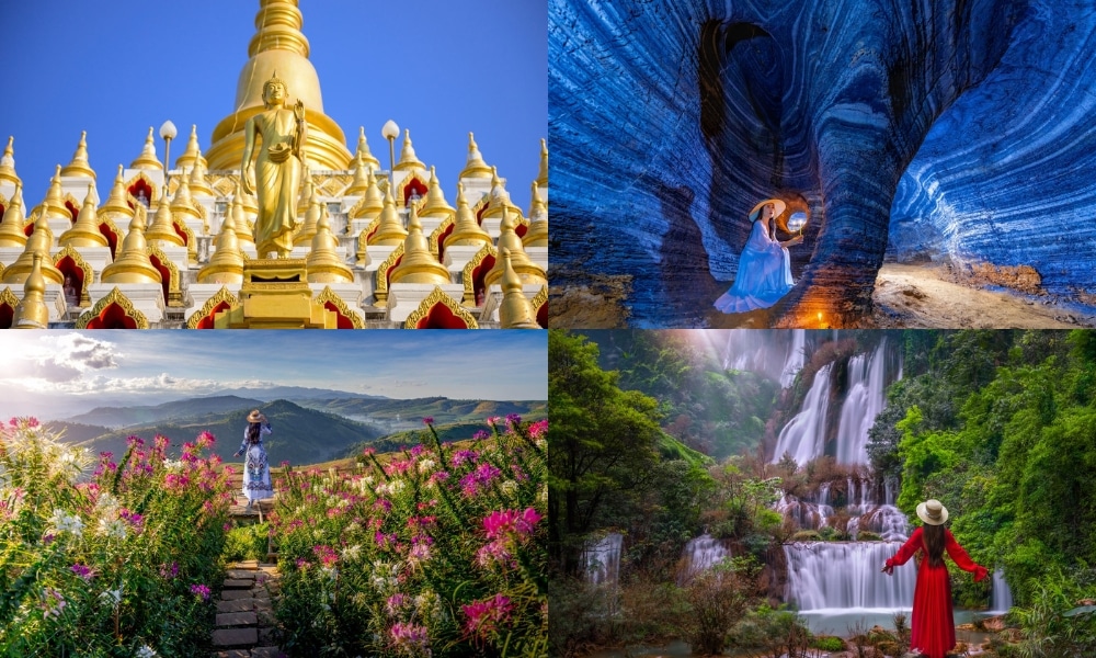 ภาพปะติดสี่ภาพ ได้แก่ เจดีย์ทองคำขาว ผู้หญิงในชุดสีฟ้าในถ้ำสีฟ้า ผู้หญิงในทุ่งดอกไม้ และผู้หญิงใกล้น้ำตกในป่า ซึ่งเน้นสถานที่ท่องเที่ยวตากยอดนิยม.
