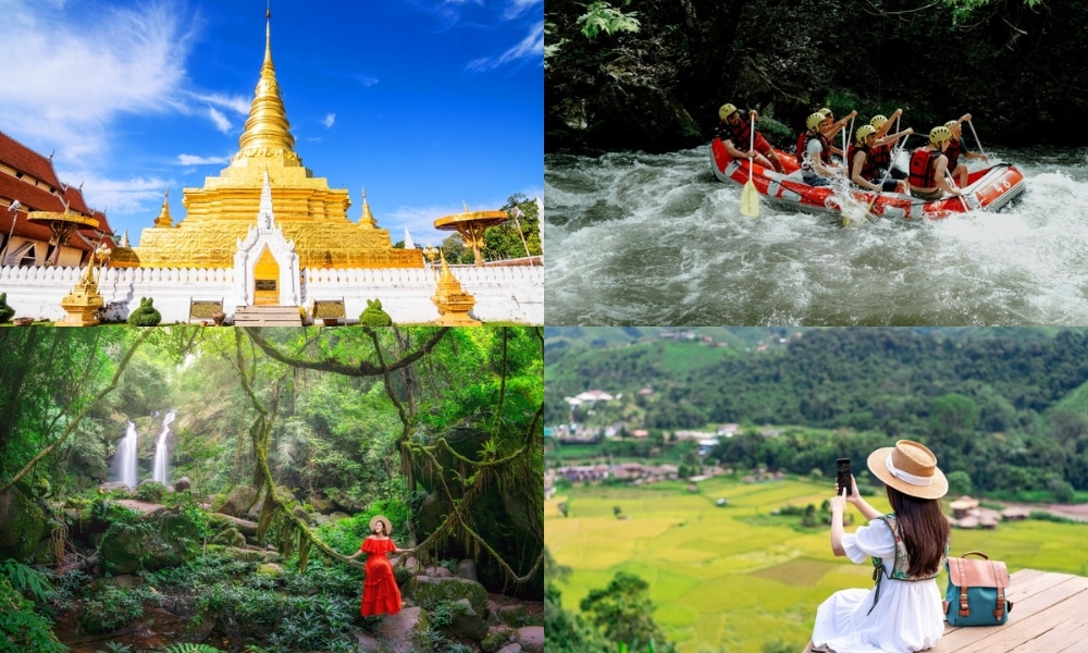 ภาพคอลลาจที่แสดงวัดสีทอง กลุ่มผู้ไปล่องแก่ง ผู้หญิงในป่าเขียวชอุ่มที่มีน้ำตก และผู้กำลังถ่ายภาพทุ่งนาสีเขียวจากบนเนินเขา — เชิญคุณมาค้นพบสถานที่ท่องเที่ยวในน่าน และดื่มด่ำไปกับเสน่ห์ของสถานที่ท่องเที่ยวยอดนิยมในน่าน.