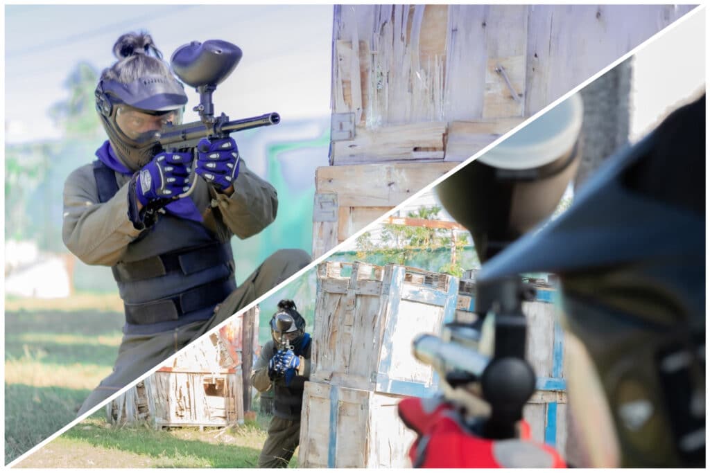 สองภาพเกมเพนท์บอลกับผู้ชายถือปืน ที่เที่ยวหัวหิน 