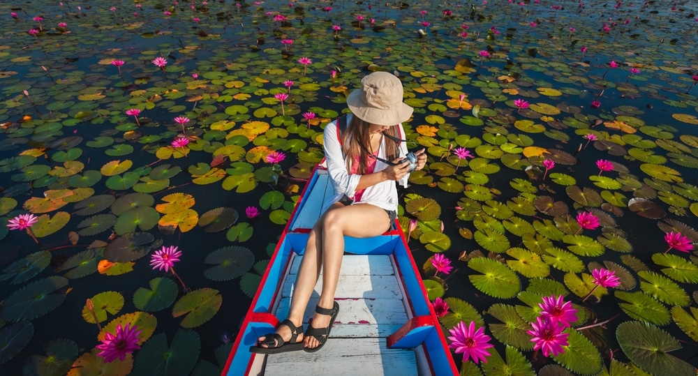 ผู้หญิงคนหนึ่งกำลังนั่งอยู่บนเรือในทะเลสาบอันเงียบสงบ ล้อมรอบด้วย สถานที่ท่องเที่ยวพัทลุง ดอกบัวที่มีชีวิตชีวา