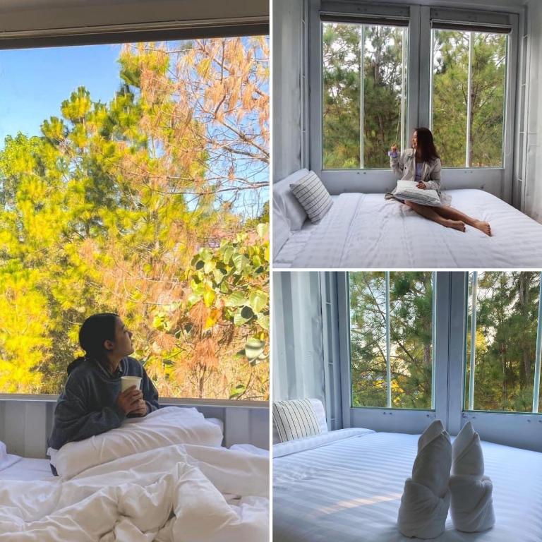 รูปภาพสี่รูปของผู้หญิงนั่งอยู่บนเตียงริมหน้าต่างในพูลวิลล่า พูลวิลล่าเขาค้อ