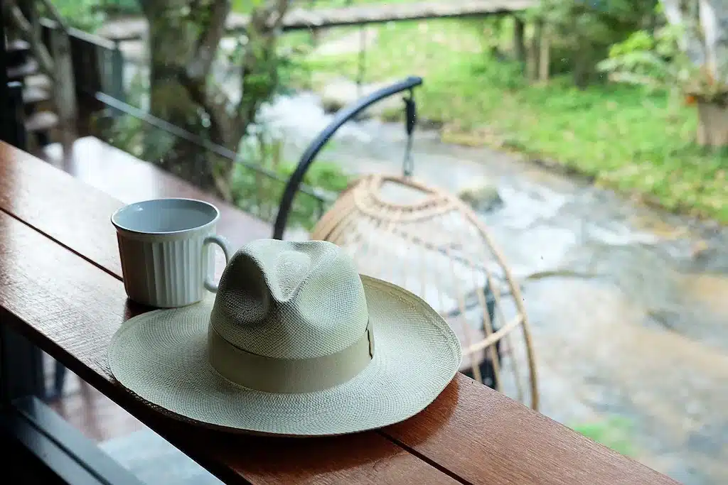 มีแม่กำปองสวมหมวกวางอยู่บนขอบหน้าต่างข้างแก้วกาแฟ ที่พักแม่กำปอง