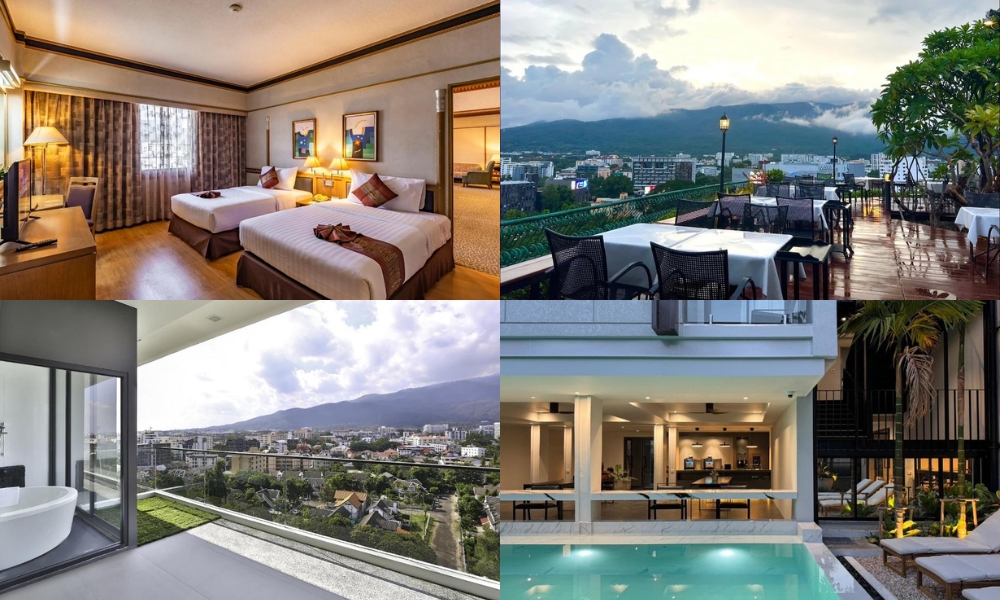 ภาพตัดต่อของสิ่งอำนวยความสะดวกในโรงแรมเชียงใหม่: ห้องเตียงคู่, ห้องอาหารบนดาดฟ้าพร้อมวิวเมือง, ระเบียงพร้อมอ่างอาบน้ำ, และห้องอาหารริมสระว่ายน้ำ.