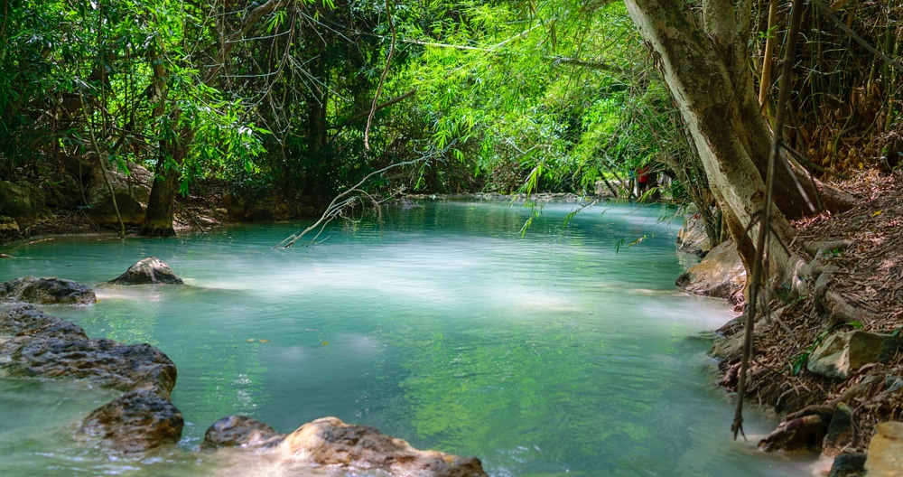 แม่น้ำที่ล้อมรอบด้วยต้นไม้และหินในป่าที่เรียกว่าน้ำตกวังคอเหลือง น้ำตกวังก้านเหลือง