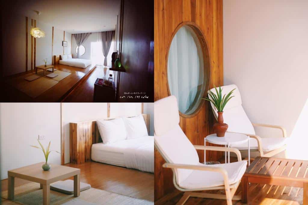 ภาพตัดต่อแสดงห้องที่มีเตียงและเก้าอี้ในน่านที่เที่ยว ที่พักปัว
