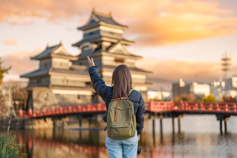ผู้หญิงถือเป้ยืนอยู่หน้าปราสาทญี่ปุ่นขณะเดินทาง ที่ เที่ยวญี่ปุ่น