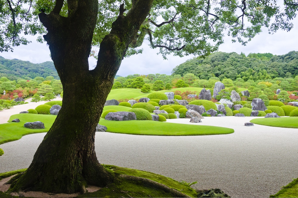 สวนญี่ปุ่นอันเงียบสงบพร้อมหินและต้นไม้ เหมาะสำหรับการพักผ่อนและนั่งสมาธิ เหมาะสำหรับผู้ที่ชื่นชอบธรรมชาติและวัฒนธรรม เที่ยวญี่ปุ่น