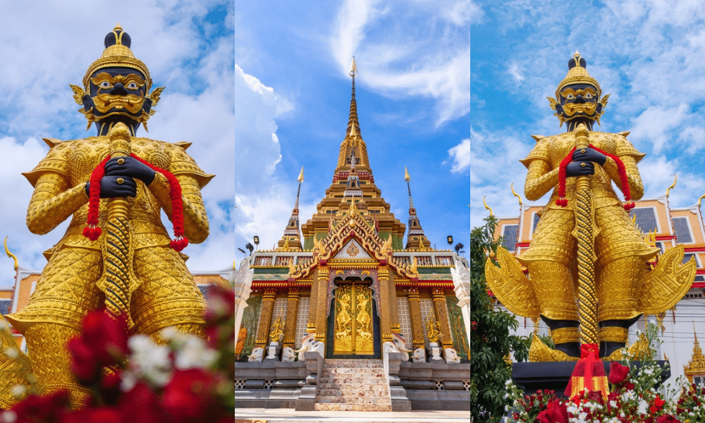 รูปปั้นทองคำหน้าวัดในประเทศไทยที่ส่องแสงระยิบระยับในแสงแดด