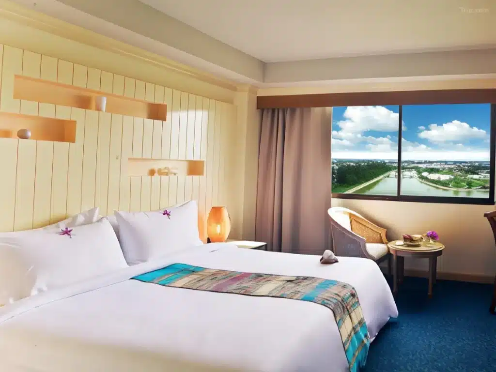 ห้องพักในโรงแรมพร้อมเตียงคู่ เฟอร์นิเจอร์ทันสมัย และวิวทิวทัศน์ชายฝั่งทะเลเป็นเวลานานโขงมุกดาหาร ที่พักริมโขงมุกดาหาร