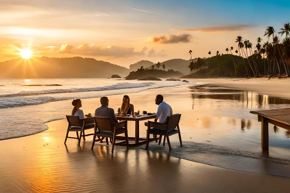 คู่รักและเพื่อนๆ กำลังนั่งทานอาหารบนชายหาดที่มีบรรยากาศสุดโรแมนติก "ทำไมคนอินเดียเลือกแต่งงานที่ประเทศไทย?" พร้อมกับพระอาทิตย์ตกดินและแสงสีทองของท้องฟ้า