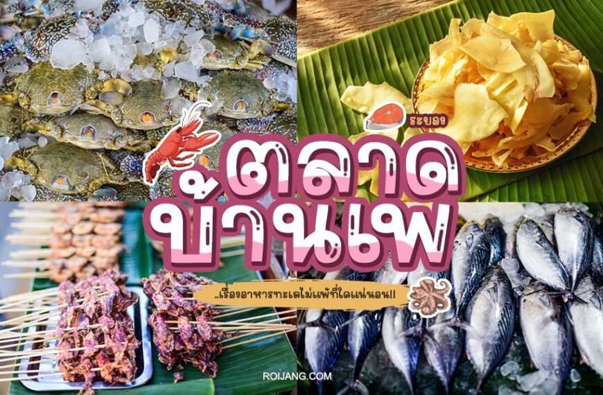 ภาพต่อกันของรายการอาหารไทยต่างๆ รวมถึงอาหารทะเลสด มันฝรั่งทอด เนื้อย่าง และปลาจากตลาดบ้านเพ โดยมีข้อความภาษาไทยน่าจะอธิบายอาหารหรือ