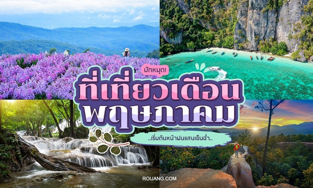 ภาพต่อกันของสถานที่ท่องเที่ยวไทยที่แนะนำในเดือนพฤษภาคม โดยมีทุ่งดอกไม้ ชายหาดเขตร้อน น้ำตก และวิวพระอาทิตย์ตกริมหน้าผาพร้อมข้อความโปรโมตการท่องเที่ยวในประเทศไทย