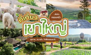 ภาพปะติดการท่องเที่ยว ทั้งแกะ ทิวทัศน์ สวน และข้อความภาษาไทยที่เที่ยวเขาใหญ่แบบครอบคร