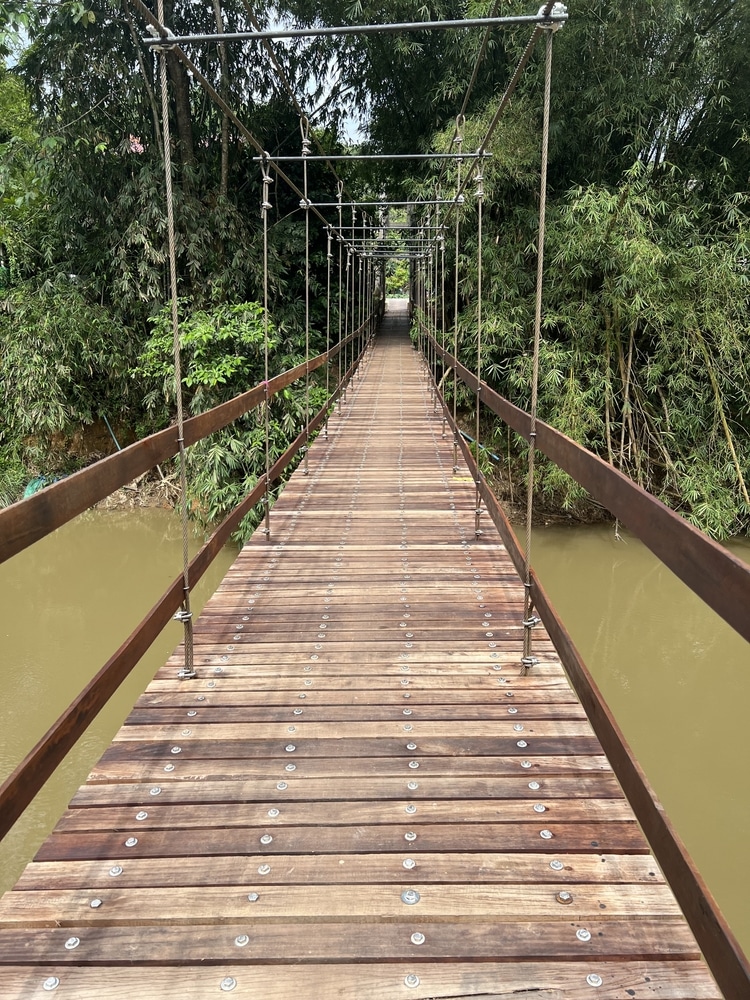 สะพานแขวนไม้พร้อมราวโลหะทอดข้ามแม่น้ำ ล้อมรอบด้วยพืชพรรณเขียวชอุ่ม เที่ยวเบตง