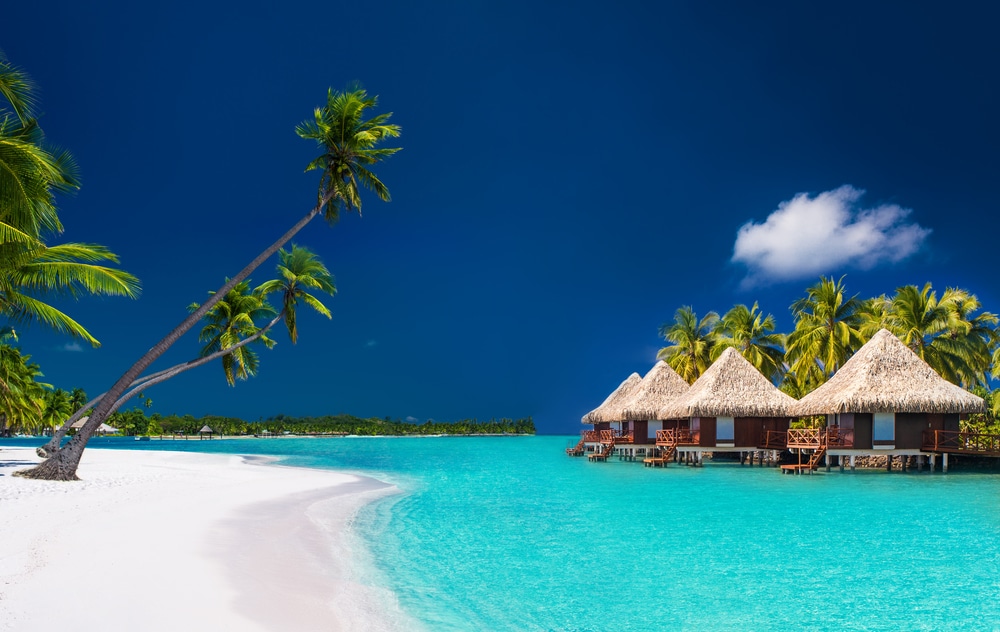 ชายหาดเขตร้อนพร้อมบังกะโลเหนือน้ำ ต้นปาล์มเอน เกาะที่สวยที่สุดในโลก และน้ำทะเลสีฟ้าสดใสภายใต้ท้องฟ้าใสบนเกาะที่สวยที่สุดแห่งหนึ่งในโลก