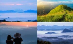 ภาพปะติดสี่ภาพที่แสดงภูมิประเทศภูเขาที่มีหมอกในยามเช้า และภาพคู่ถ่ายภาพพระอาทิตย์ขึ้นที่ดอยหัวหมด
