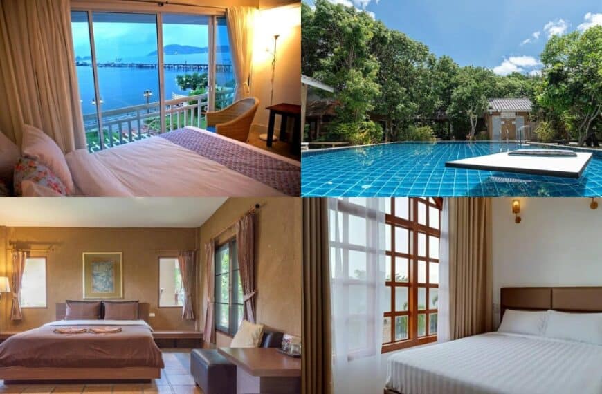 ภาพต่อกันของห้องพักโรงแรมทั้ง 4 ห้อง มีระเบียงที่มองเห็นวิวทะเลที่หาดเตยงาม ห้องพร้อมสระว่ายน้ำส่วนตัว และห้องหรูหรา 2 ห้อง
