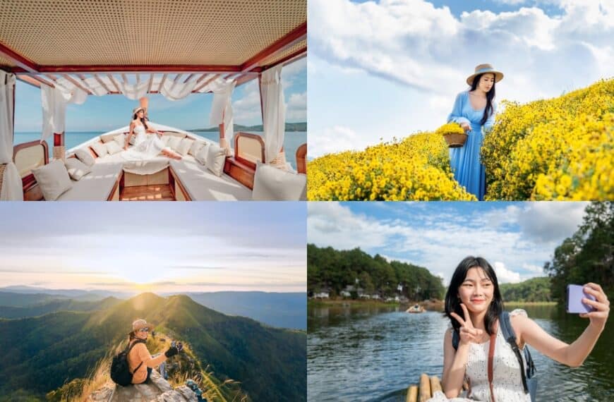 ภาพต่อกันสี่ภาพ: ผู้หญิงกำลังพักผ่อนบนเรือ ผู้หญิงในทุ่งดอกไม้ คู่รักบนภูเขาตอนพระอาทิตย์ขึ้นในเดือนธันวาคม และผู้หญิงกำลังเซลฟี่ริมทะเลสาบ