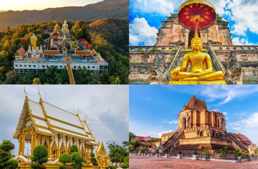 ภาพต่อกันสี่ภาพที่แสดงสถานที่สำคัญของประเทศไทย ได้แก่ วัดบนเนินเขา พระพุทธรูปปางสมาธิขนาดใหญ่ หลวงพ่อทันใจ วัดหลังคาทอง