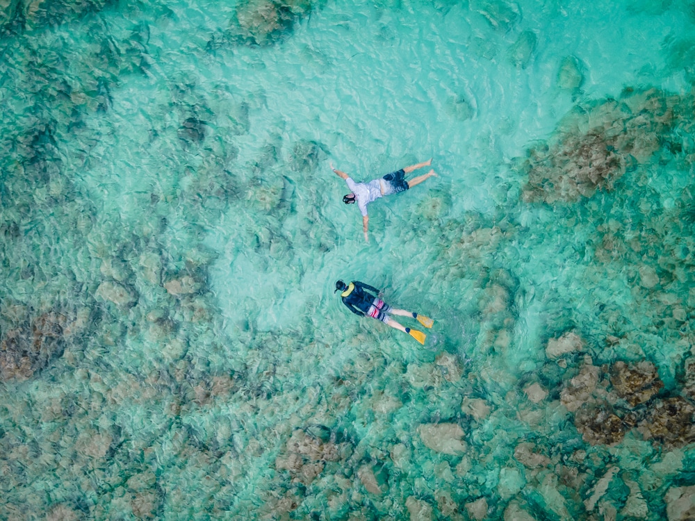 คนสองคนดำน้ำดูปะการังและว่ายน้ำในทะเลสีฟ้าครามใสของทะเลในทะเลเหนือก้นทะเลที่เป็นหินเมื่อมองจากด้านบน ทะเลที่สวยที่สุดในโลก
