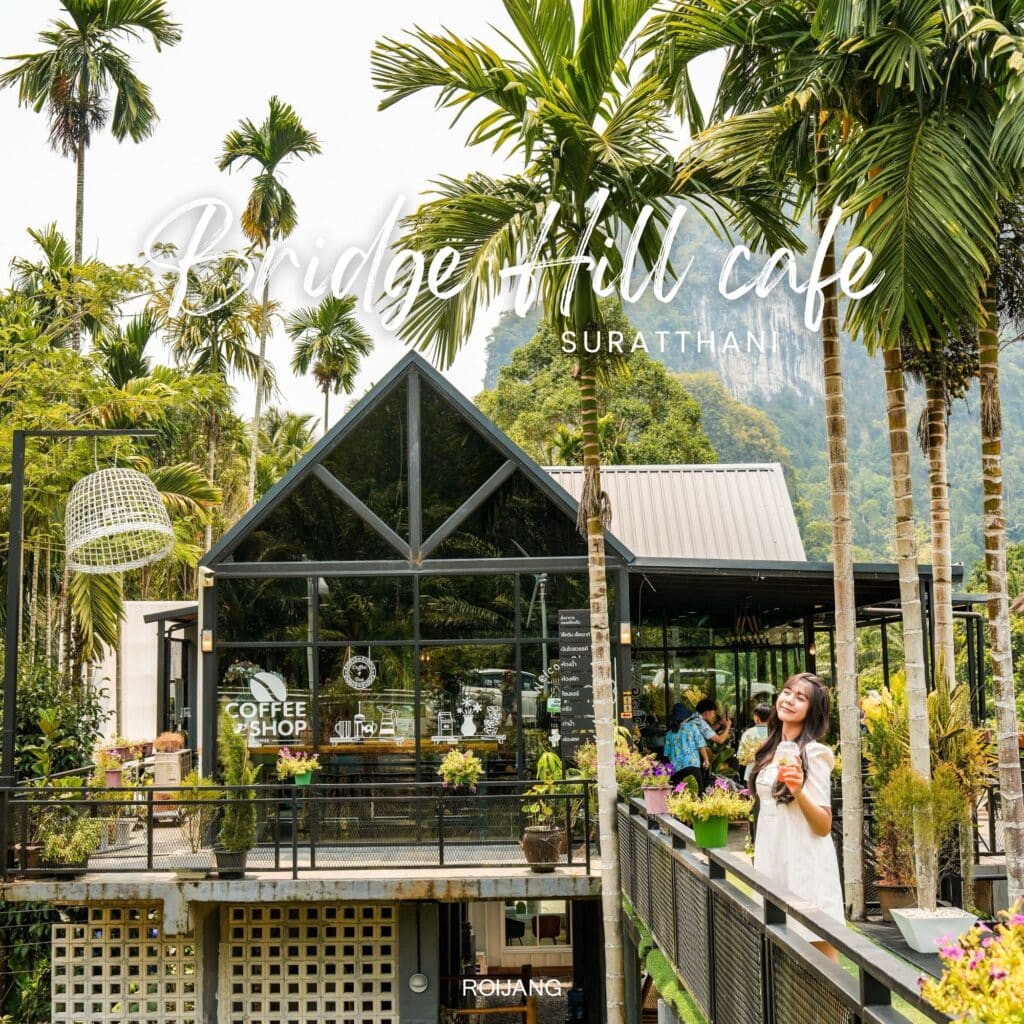 มุมมองกลางแจ้งของ Bridge Hill Cafe ในสุราษฎร์ธานีด้วยสถาปัตยกรรมกระจกที่ทันสมัยล้อมรอบด้วยต้นปาล์มสูง มีคนยืนอยู่บนระเบียงโดยถือกระถางต้นไม้ สถานที่ท่องเที่ยวสุราษ 