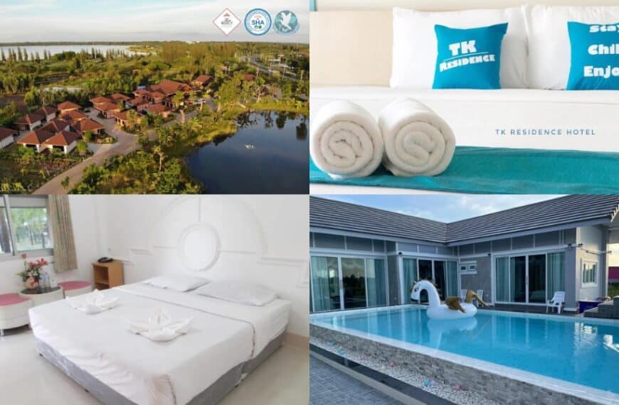 สี่ภาพแสดงโรงแรมกาฬสินธุ์: มุมมองทางอากาศ เตียงพร้อมหมอน 2 ใบที่มีป้ายกำกับว่า "Stay" และ "Chill" ห้องนอนสีขาวสไตล์มินิมอล และสระว่ายน้ำกลางแจ้งพร้อมหงส์เป่าลม