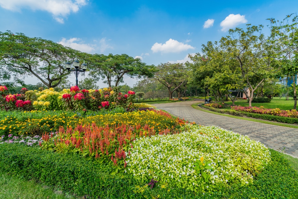 สวนสาธารณะที่ได้รับการดูแลอย่างดีในกรุงเทพมีดอกไม้นานาชนิด พุ่มไม้สีเขียว และทางเดินปูด้วยหิน ต้นไม้สูงล้อมรอบพื้นที่ภายใต้ท้องฟ้าสีฟ้าใสและมีเมฆ ที่เที่ยวในกรุงเทพธรรมชาติ กระจัดกระจาย ทำให้เป็นสถานที่ที่สมบูรณ์แบบสำหรับผู้รักธรรมชาติ