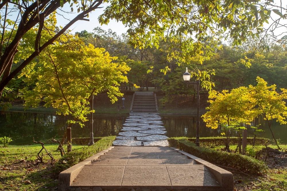 ทางเดินหินทอดไปสู่สะพานข้ามแม่น้ำที่มี ที่เที่ยวในกรุงเทพธรรมชาติ ต้นไม้เขียวชอุ่มทั้งสองข้างทาง และมีบันไดเป็นพื้นหลัง ทั้งหมดนี้ตั้งอยู่ใต้ท้องฟ้าที่มีแสงแดดส่องถึงเป็นบางส่วน ความงดงามที่เที่ยวในกรุงเทพธรรมชาติ