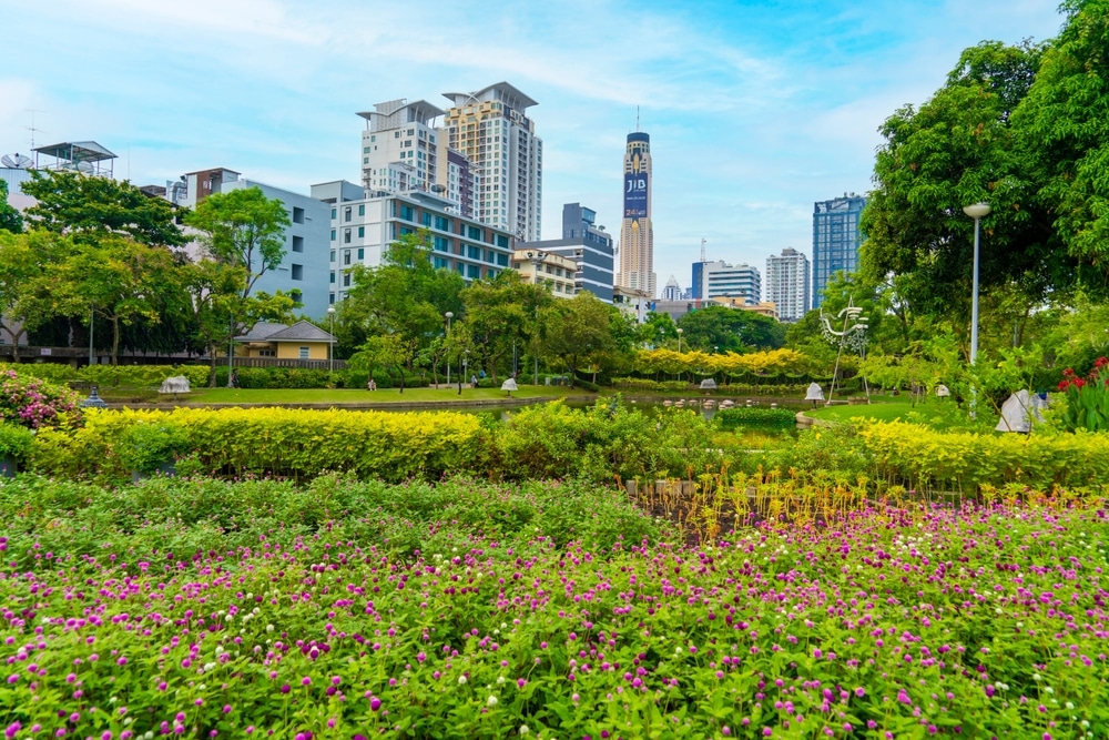 สวนสาธารณะในเมืองที่ได้รับการดูแลอย่างดีพร้อมดอกไม้ ต้นไม้สีเขียว และสระน้ำ โดยมีอาคารสูงทันสมัยเป็นฉากหลังภายใต้ท้องฟ้าสีครามสดใส ถือเป็นจุดที่เหมาะสำหรับผู้ที่ต้องการเที่ยวในกรุงเทพธรรมชาติ