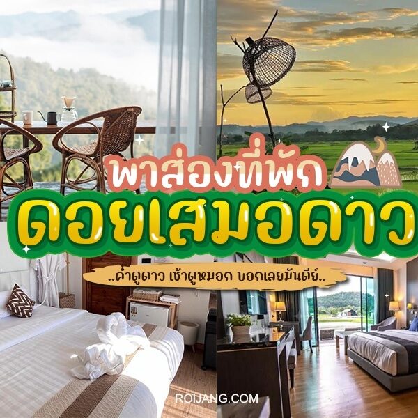         ภาพต่อกันของห้องพักในโรงแรม พื้นที่รับประทานอาหารพร้อมวิวภูเขา และนาข้าวยามพระอาทิตย์ตกดิน ข้อความภาษาไทยตรงกลางแสดงถึงบนดอยเสมอดาวที่ดอยเสมอดาว