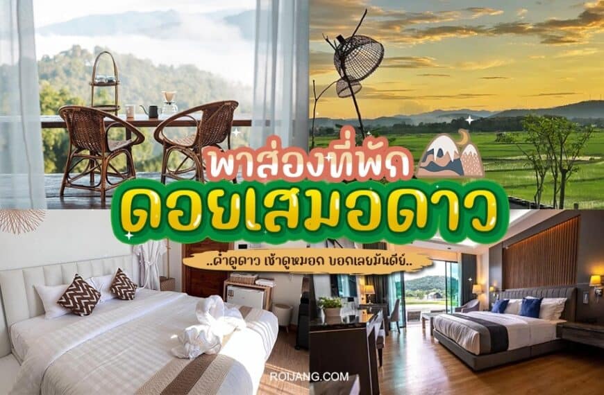         ภาพต่อกันของห้องพักในโรงแรม พื้นที่รับประทานอาหารพร้อมวิวภูเขา และนาข้าวยามพระอาทิตย์ตกดิน ข้อความภาษาไทยตรงกลางแสดงถึงบนดอยเสมอดาวที่ดอยเสมอดาว