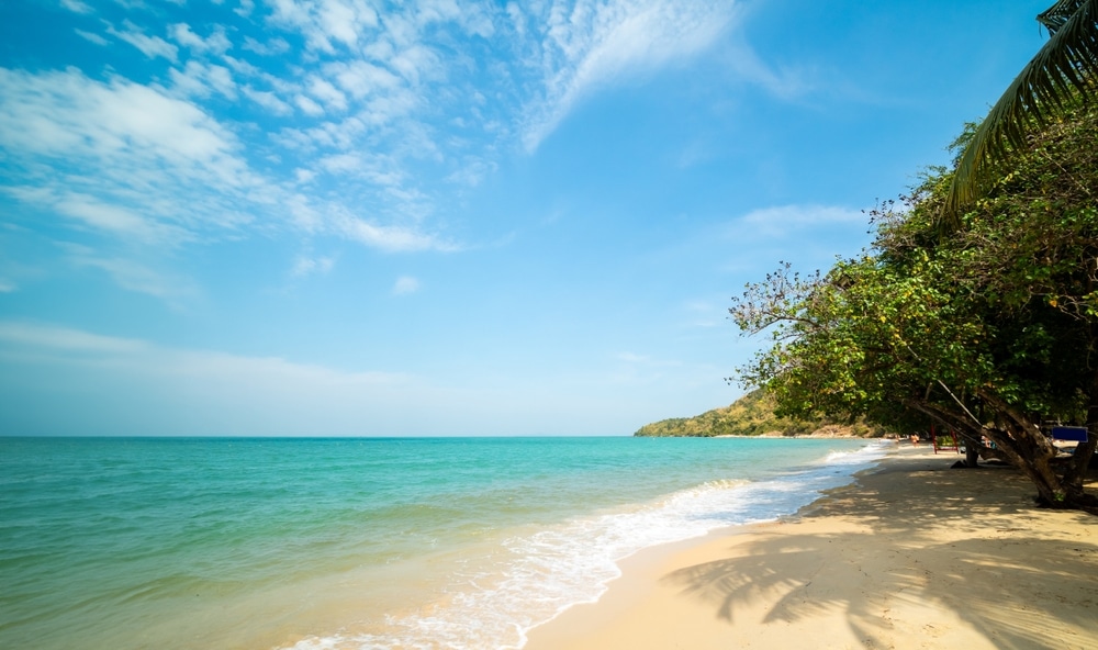 หาดทรายอันเงียบสงบที่มีคลื่นอ่อนโยน น้ำทะเลสีฟ้าครามใส และต้นไม้สีเขียวชอุ่มใต้ท้องฟ้าสีครามสดใสและมีเมฆกระจายเป็นจุดที่เหมาะแก่การ พาลูกเที่ยวธรรมชาติใกล้กรุงเทพ